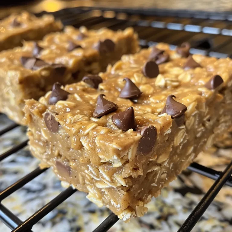 Close-up of golden-brown Banana Peanut Butter Oatmeal Bars with dark chocolate chips.