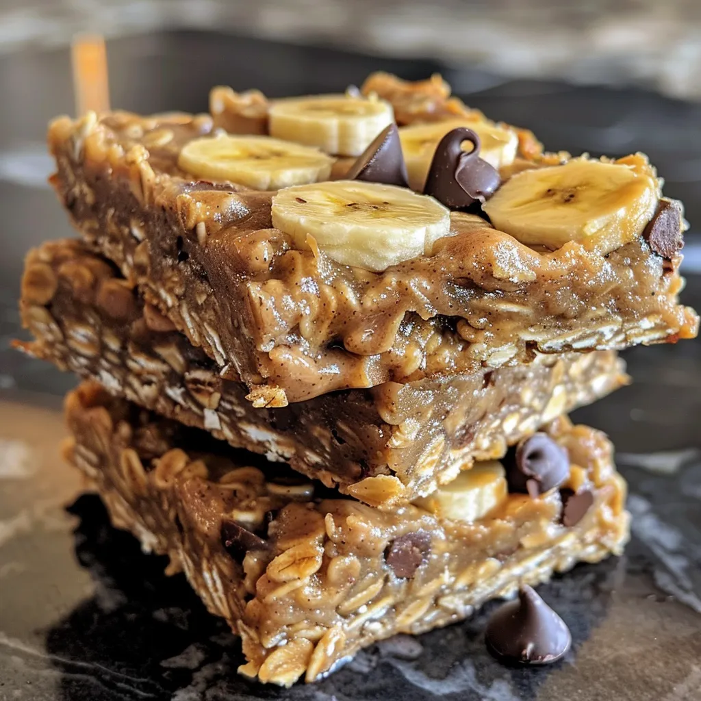 Side view of freshly baked Banana Peanut Butter Oatmeal Bars showcasing their chewy texture.