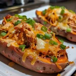 Close-up of BBQ chicken-stuffed sweet potato showcasing the ingredients and texture.
