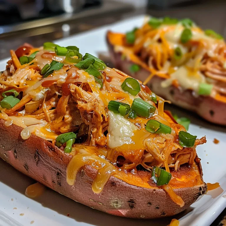 Close-up of BBQ chicken-stuffed sweet potato showcasing the ingredients and texture.
