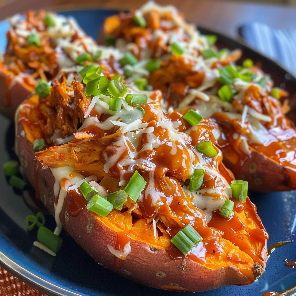 Image of BBQ Chicken Stuffed Sweet Potatoes with a crispy texture and oozy cheese.