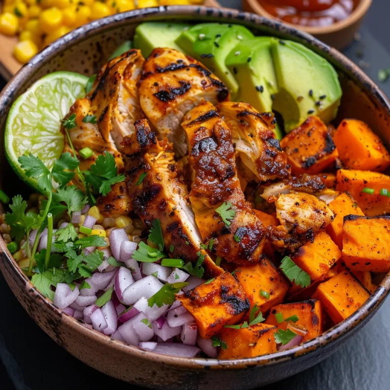 Elevate Your Weeknight Dinner BBQ Chicken Sweet Potato Bowl in 40 Minutes A colorful BBQ Chicken Sweet Potato Bowl showcasing cubed sweet potatoes, shredded chicken, and toppings.