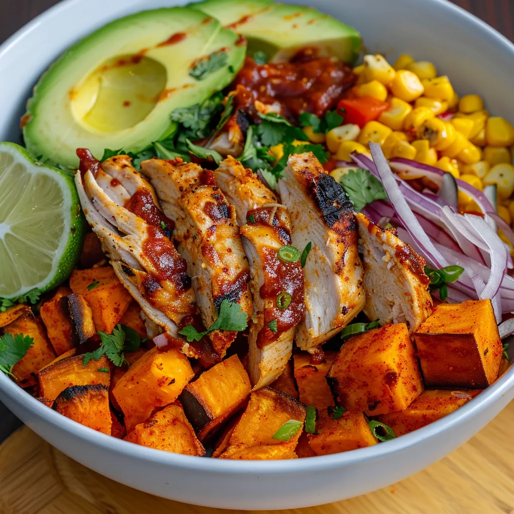 Close-up view of a BBQ Chicken Sweet Potato Bowl filled with vibrant ingredients like avocado and corn.