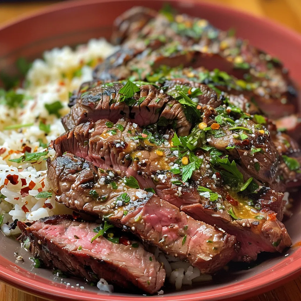 A delicious Beefy Garlic Butter Bowl featuring steak, rice, and minced garlic.