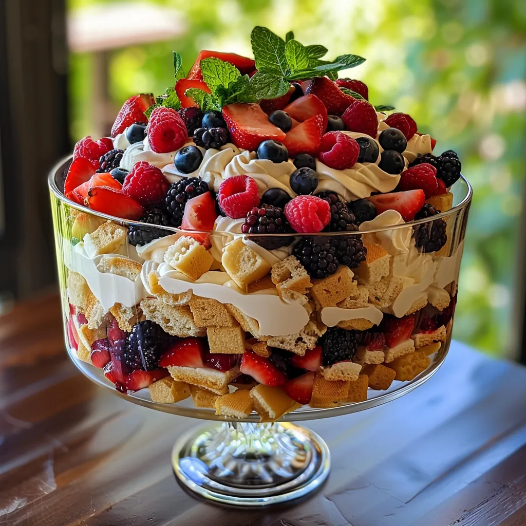 Side view of a delicious berry tiramisu trifle with vibrant layers of mixed berries and mascarpone cream.