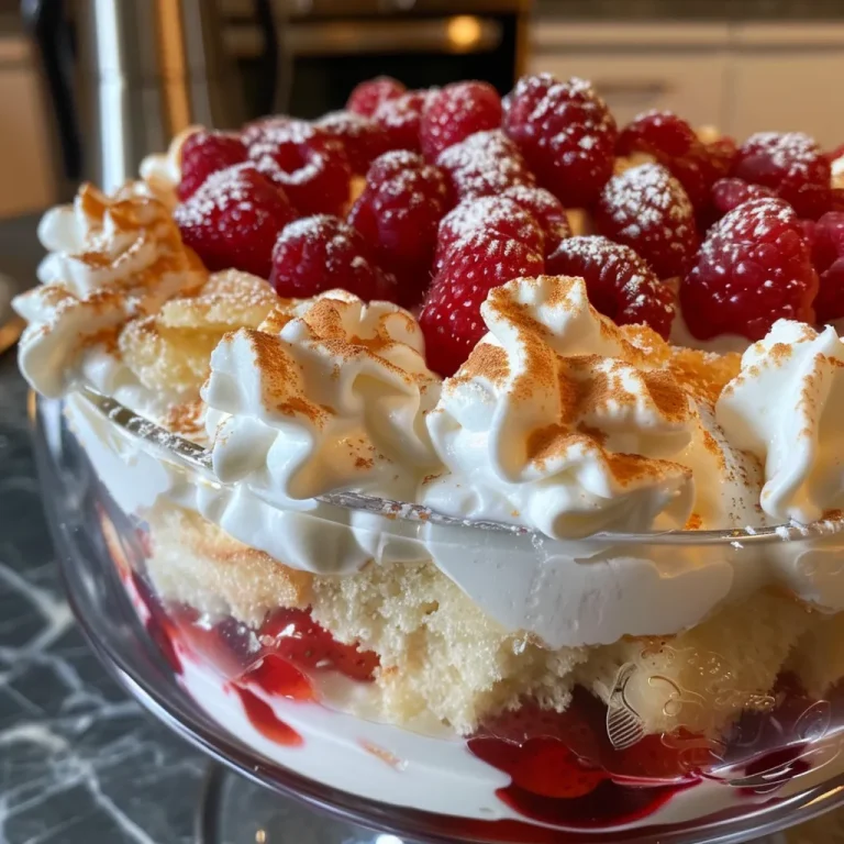 Close-up side view of a berry trifle with layers of sponge cake, custard, and whipped cream topped with mixed berries.