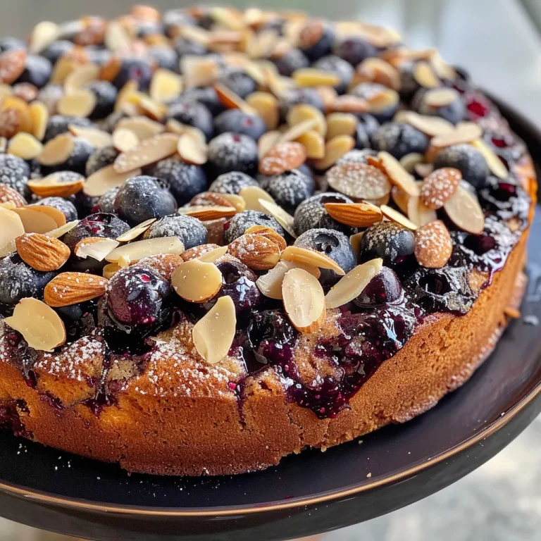 Detailed view of a blueberry almond cake featuring juicy blueberries and a light almond crust.