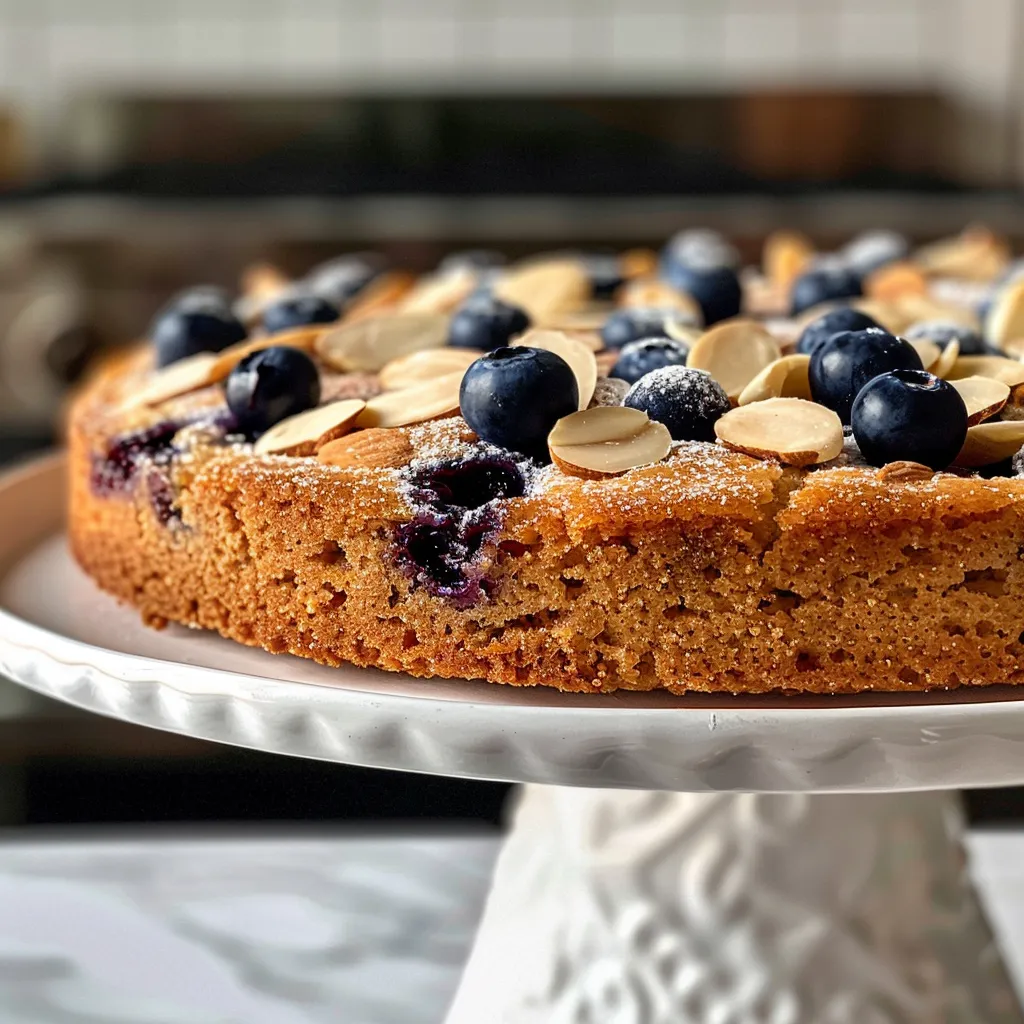 Side profile of an almond flour blueberry cake, garnished with fresh blueberries and sliced almonds.
