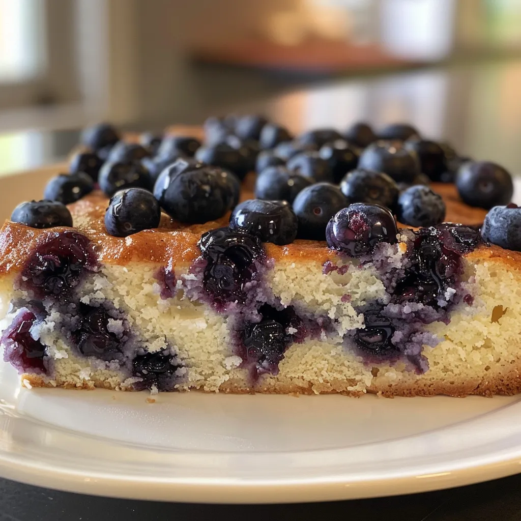 Close-up of Blueberry Breakfast Cake highlighting its rich color and layers of blueberries.