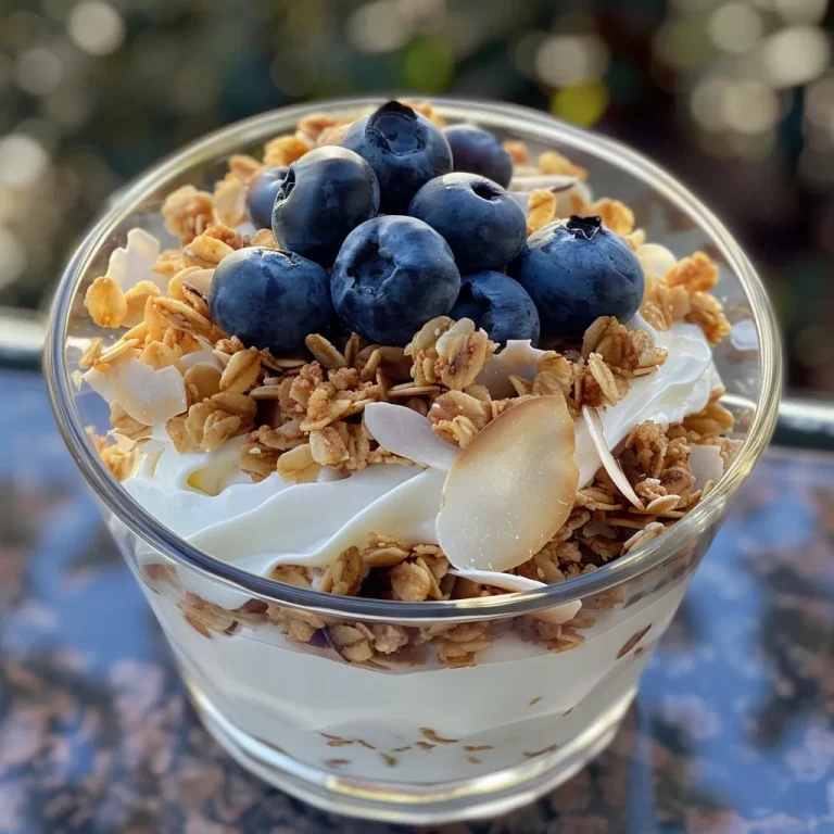 A vibrant Blueberry Coconut Almond Yogurt Parfait displayed in a glass, with visible layers of yogurt and berries.