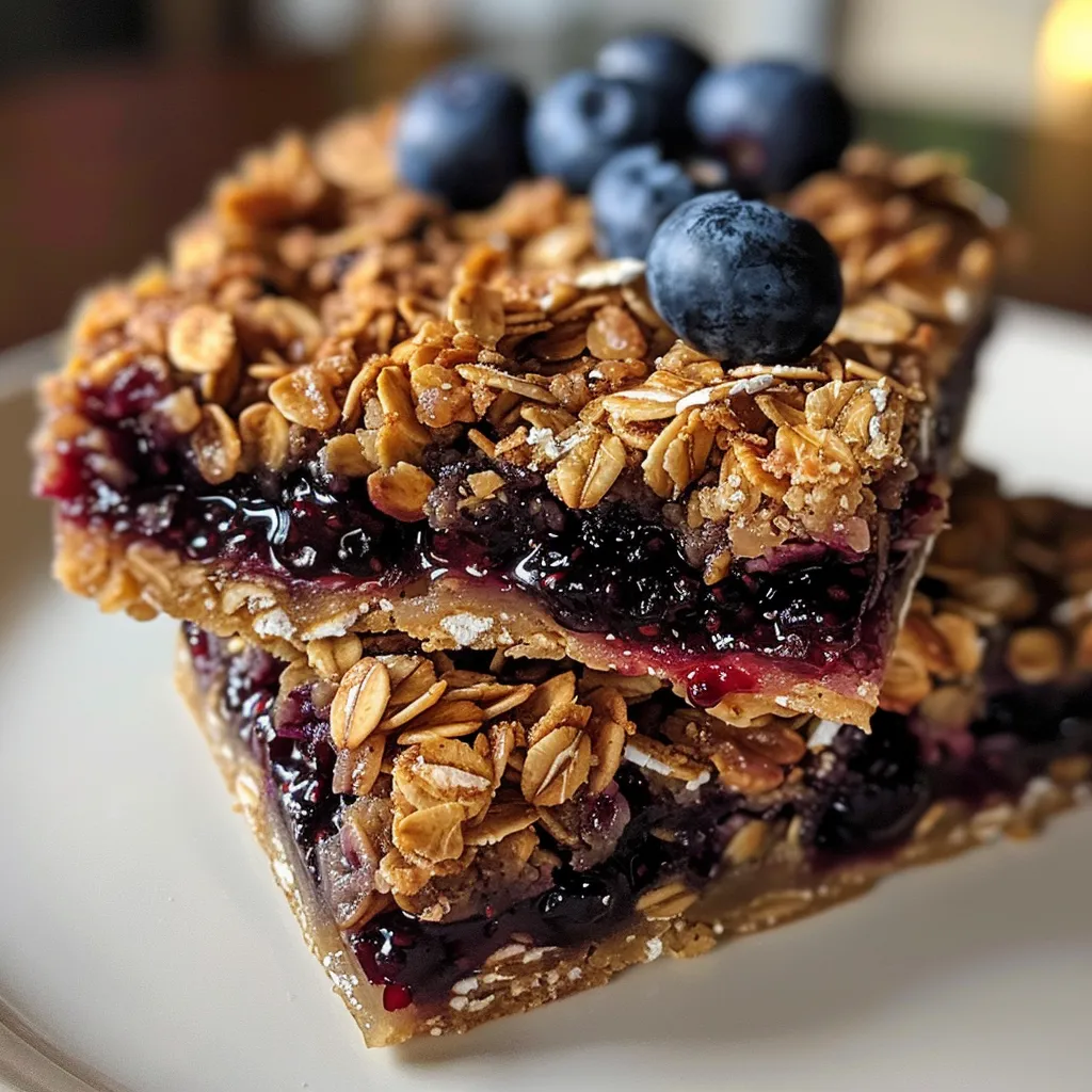 Close-up image of Blueberry Oat Squares showcasing blueberries and a soft, crumbly top layer.