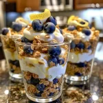 Juicy blueberry parfait with lemon zest and granola in a clear cup.