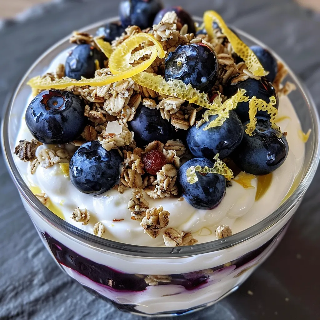 Blueberry parfait featuring vibrant layers of yogurt, blueberries, and granola.
