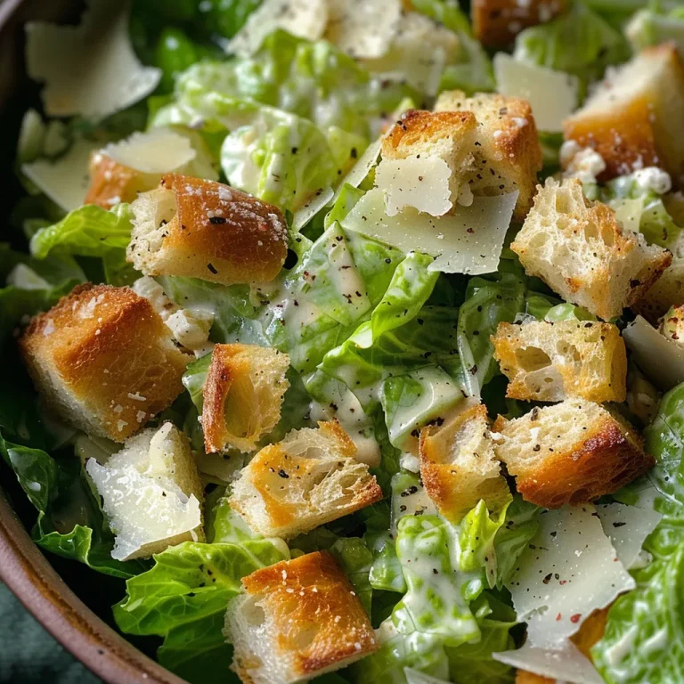 A close-up view of a Caesar salad featuring chopped romaine, croutons, and grated Parmesan cheese.