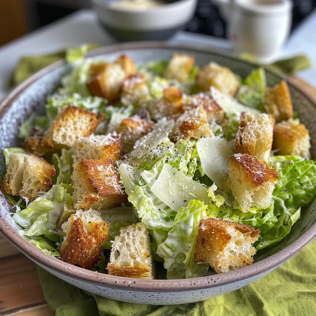 Side view of a delicious Caesar salad with a creamy dressing and fresh lettuce.