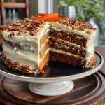 Close-up of a moist carrot cake with cream cheese frosting and decorative carrots.