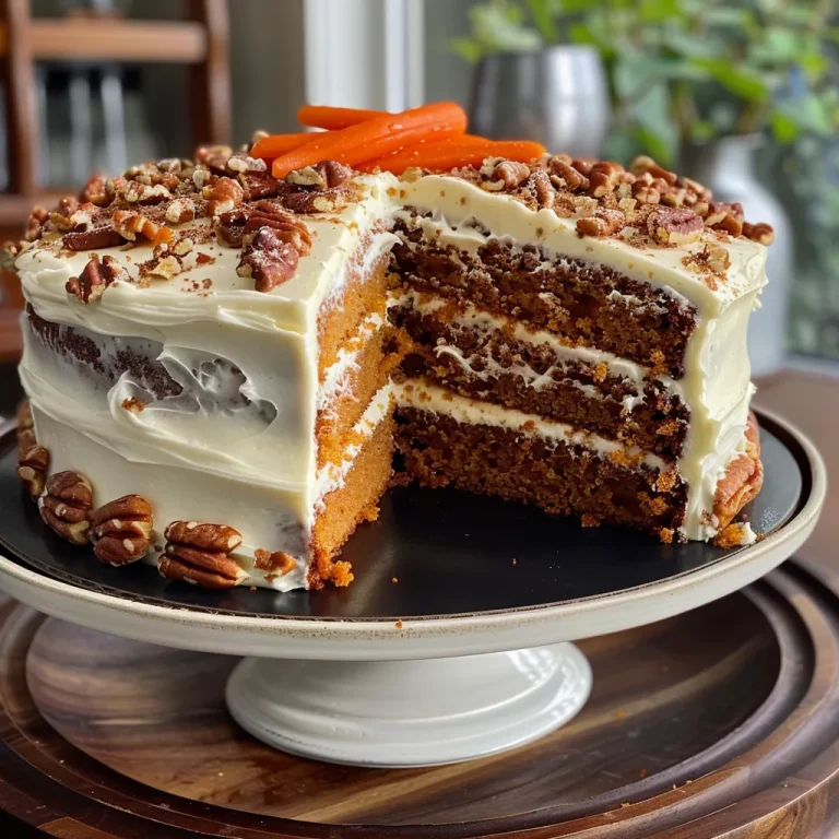Close-up of a moist carrot cake with cream cheese frosting and decorative carrots.