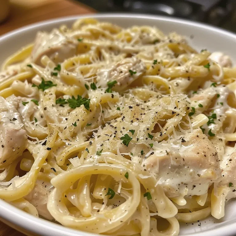 A close-up view of a plate of creamy Chicken Alfredo pasta topped with parsley.