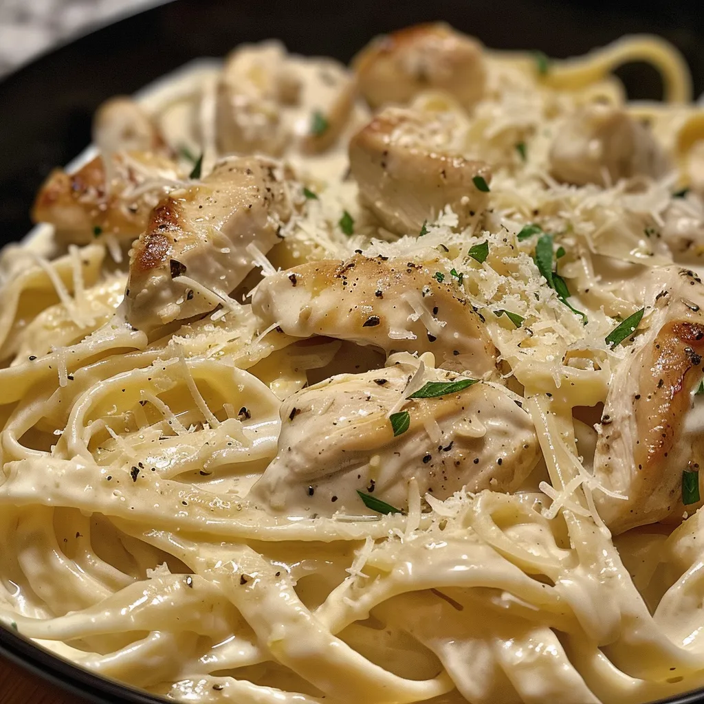 Side view of Chicken Alfredo pasta, showcasing juicy chicken and a rich Alfredo sauce.
