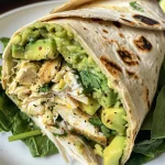 Side view of a hearty Chicken Avocado Wrap showcasing layers of chicken and avocado.