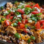 Juicy Chicken Burrito Skillet featuring diced tomatoes and green onions.