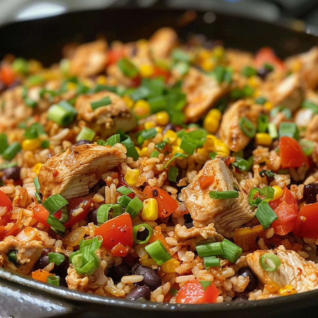 Detailed view of a savory Chicken Burrito Skillet with melted cheese on top.