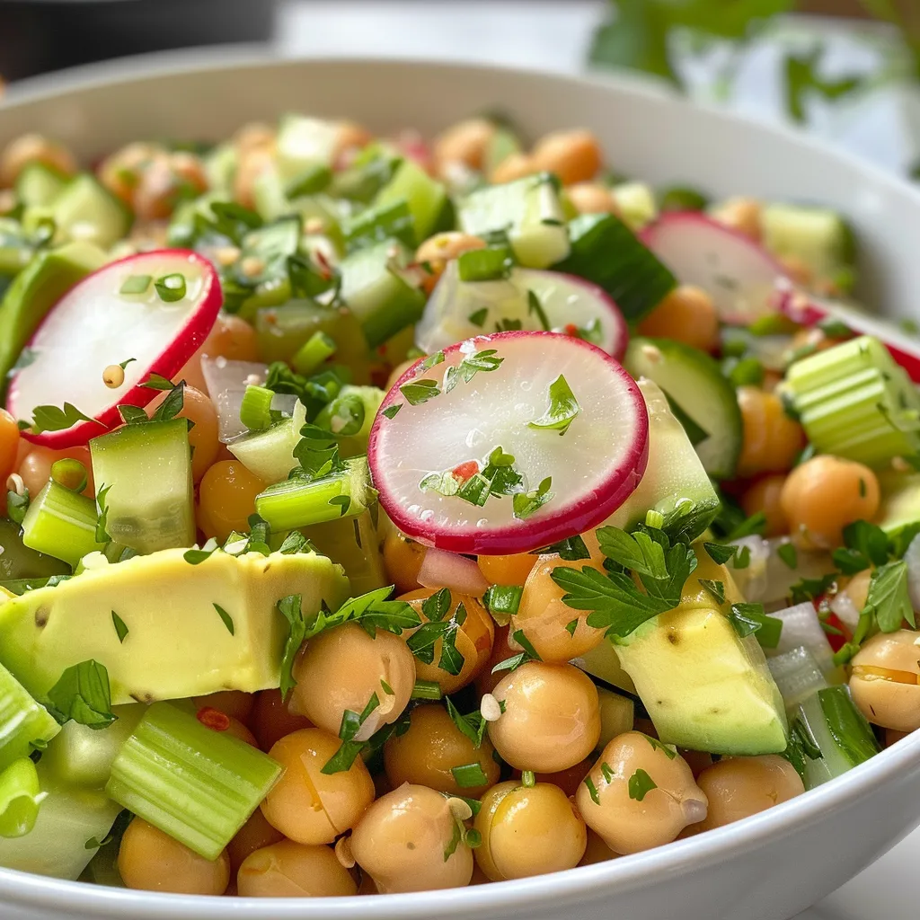 Close-up image of a Chickpea Avocado Salad, emphasizing the creamy texture of avocado and colorful veggies.