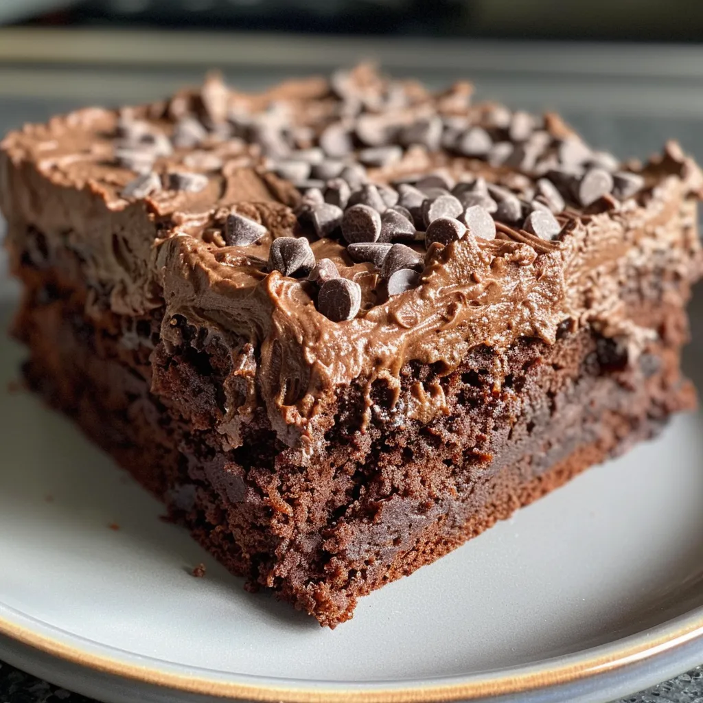 Close-up image of a chocolate banana cake slice with a glossy finish and banana chunks visible.