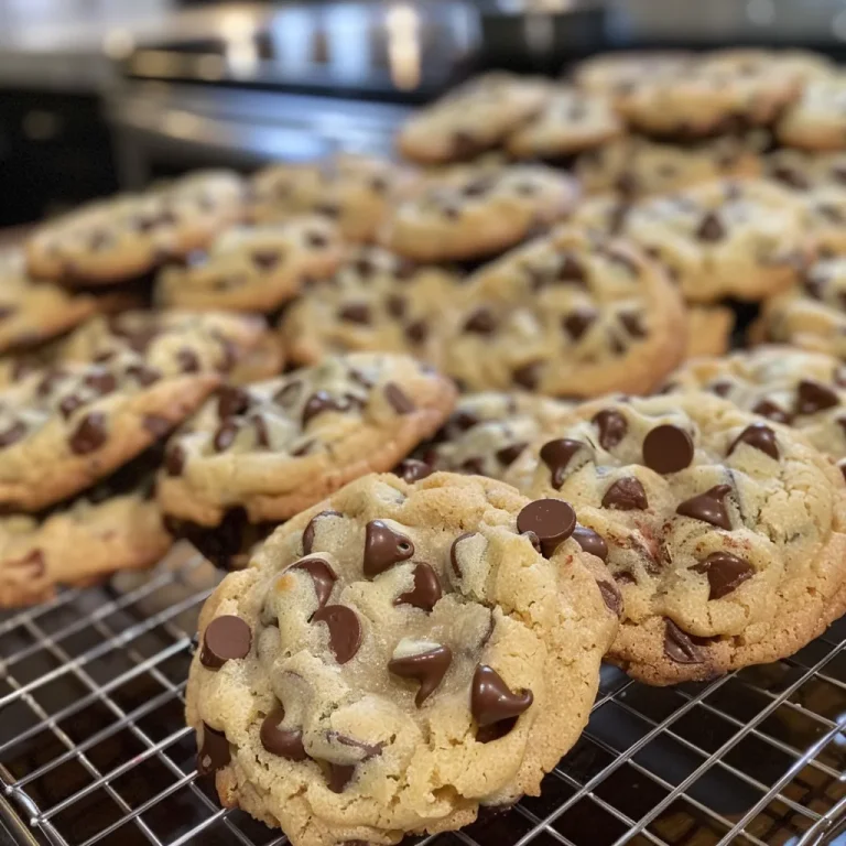 Close-up of soft, gooey chocolate chip cookies stacked on a plate.