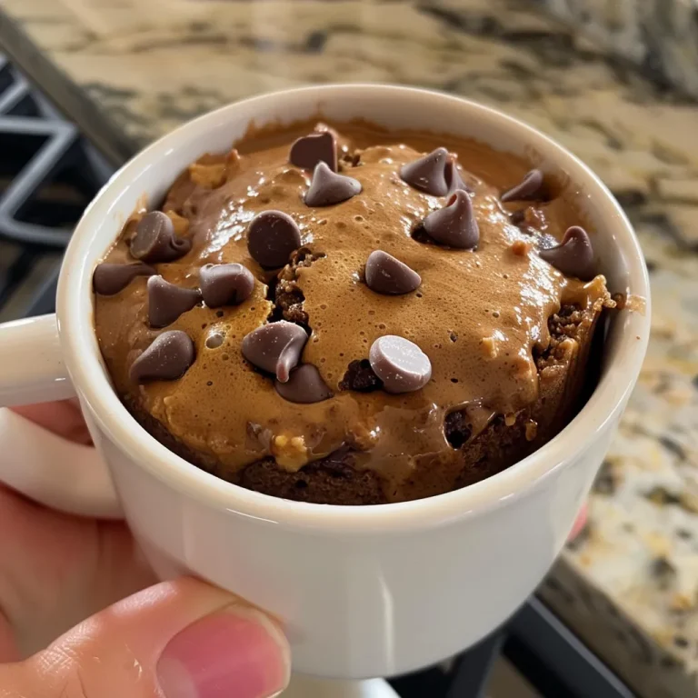 A close-up view of a chocolate chip mug cake with melted chocolate chips.