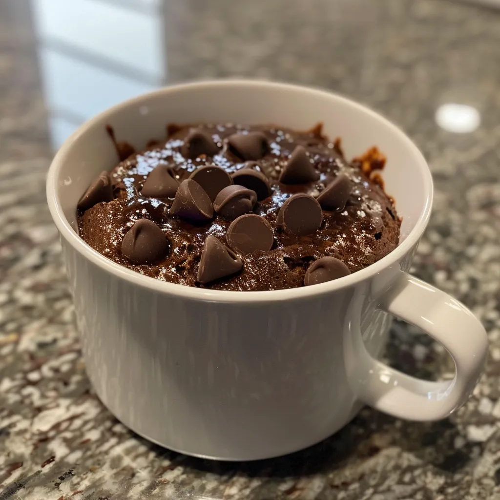 Side view of a delicious chocolate chip mug cake served in a white mug.