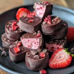 Close-up of chocolate-covered strawberry yogurt bites on a wooden plate.