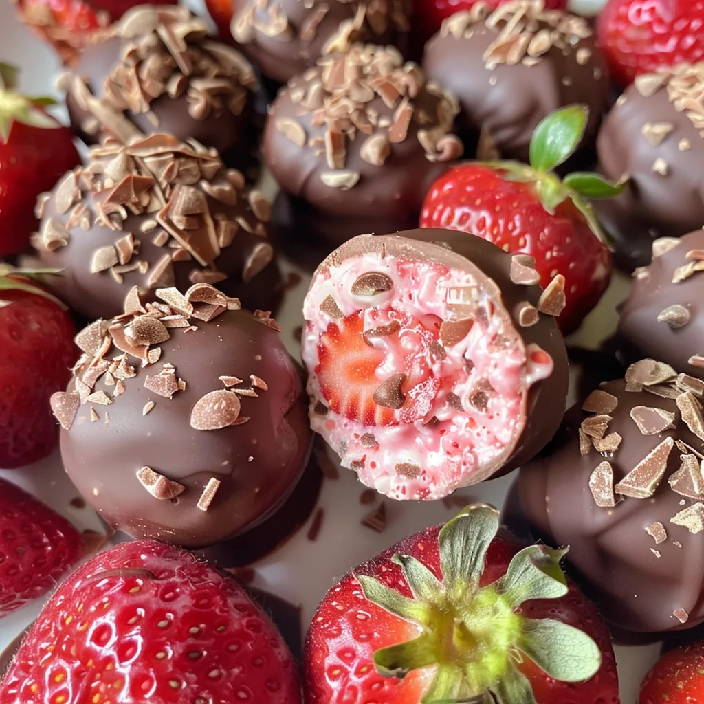 Side view of luscious chocolate-coated yogurt bites with strawberries.