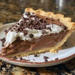 A close-up view of a luscious Chocolate Cream Pie with a glossy chocolate filling and whipped cream topping.