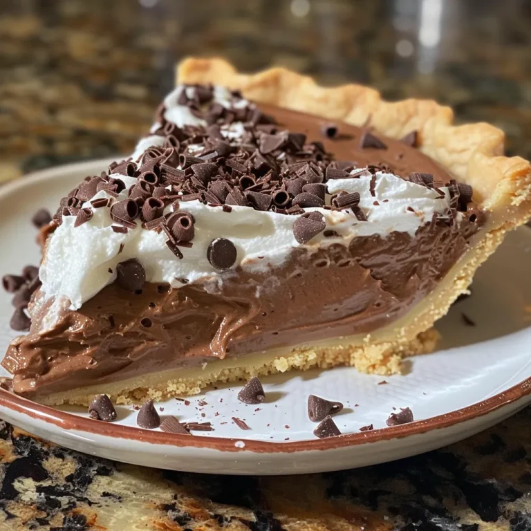 A close-up view of a luscious Chocolate Cream Pie with a glossy chocolate filling and whipped cream topping.