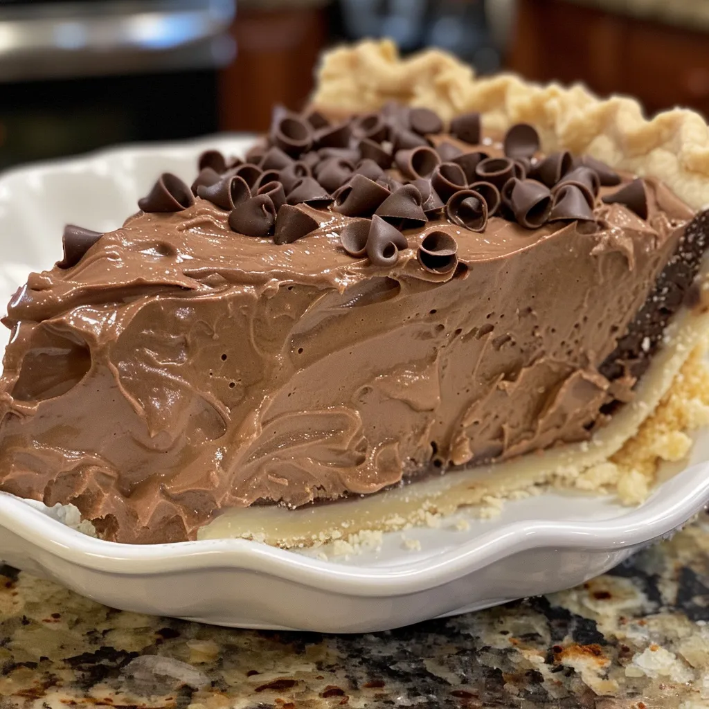 Side view of a decadent Chocolate Cream Pie showcasing the rich chocolate layers and cream garnish.