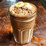Chocolate banana smoothie showcased in a cup, highlighting the rich texture and color.