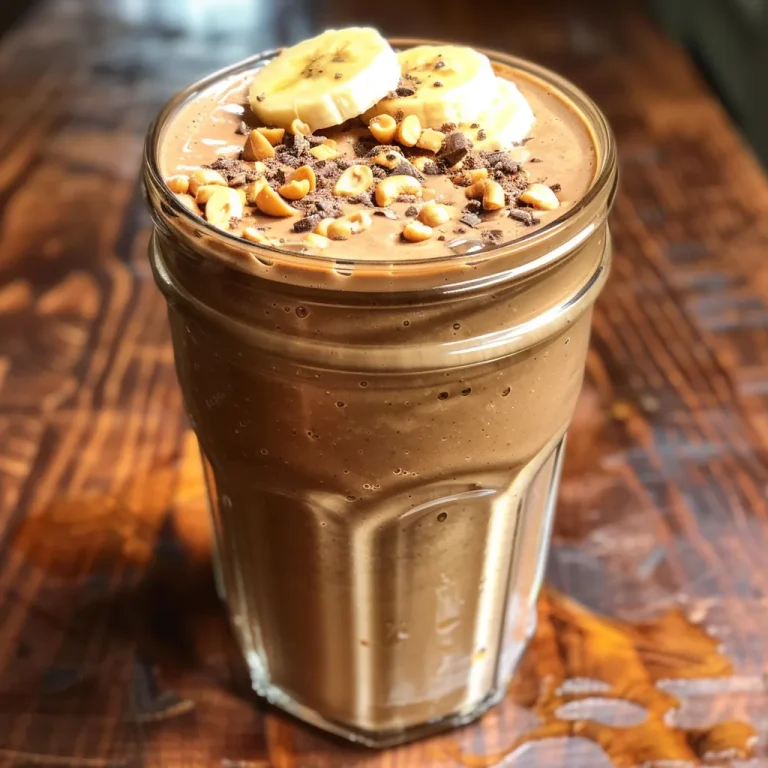Chocolate banana smoothie showcased in a cup, highlighting the rich texture and color.