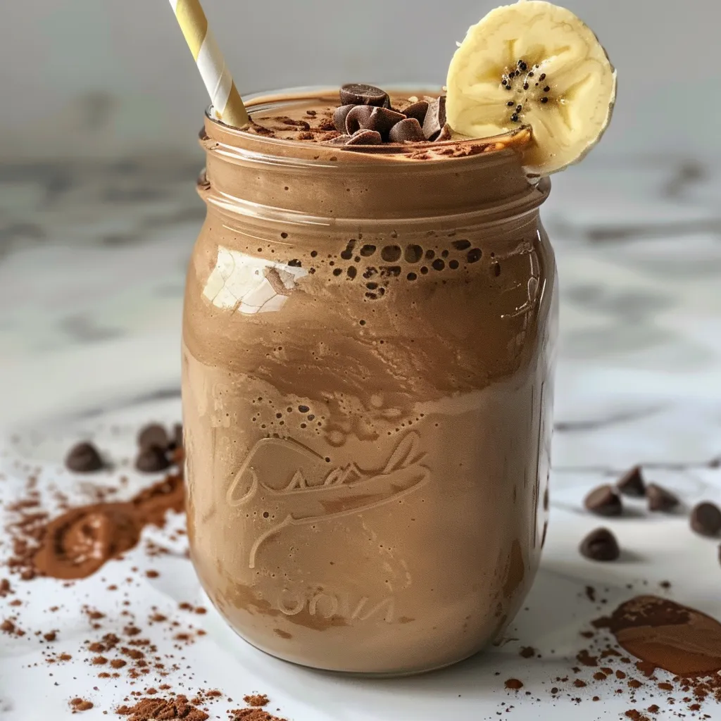 A deliciously thick chocolate peanut butter smoothie displayed with fresh banana on the side.