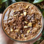 Deliciously layered chocolate peanut butter overnight oats with a sprinkle of cocoa powder.