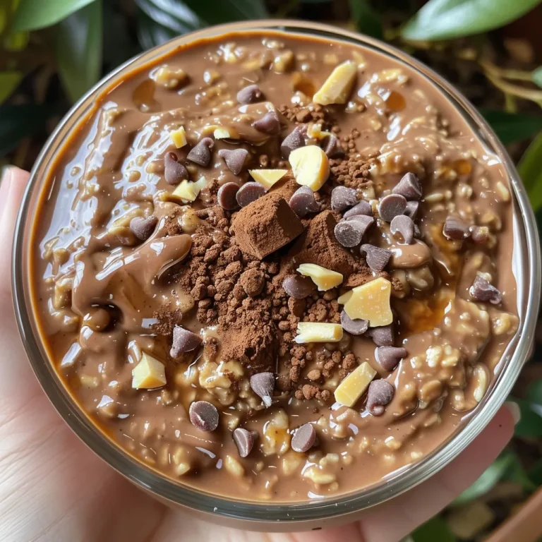 Effortless Indulgence: Chocolate Peanut Butter Overnight Oats Made Simple Deliciously layered chocolate peanut butter overnight oats with a sprinkle of cocoa powder.