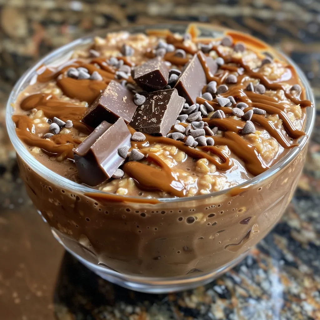 Bowl of chocolate peanut butter overnight oats featuring rolled oats and peanut butter blend.