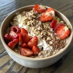 Delicately layered chocolate and strawberry overnight oats, showcasing vibrant red strawberries on top.