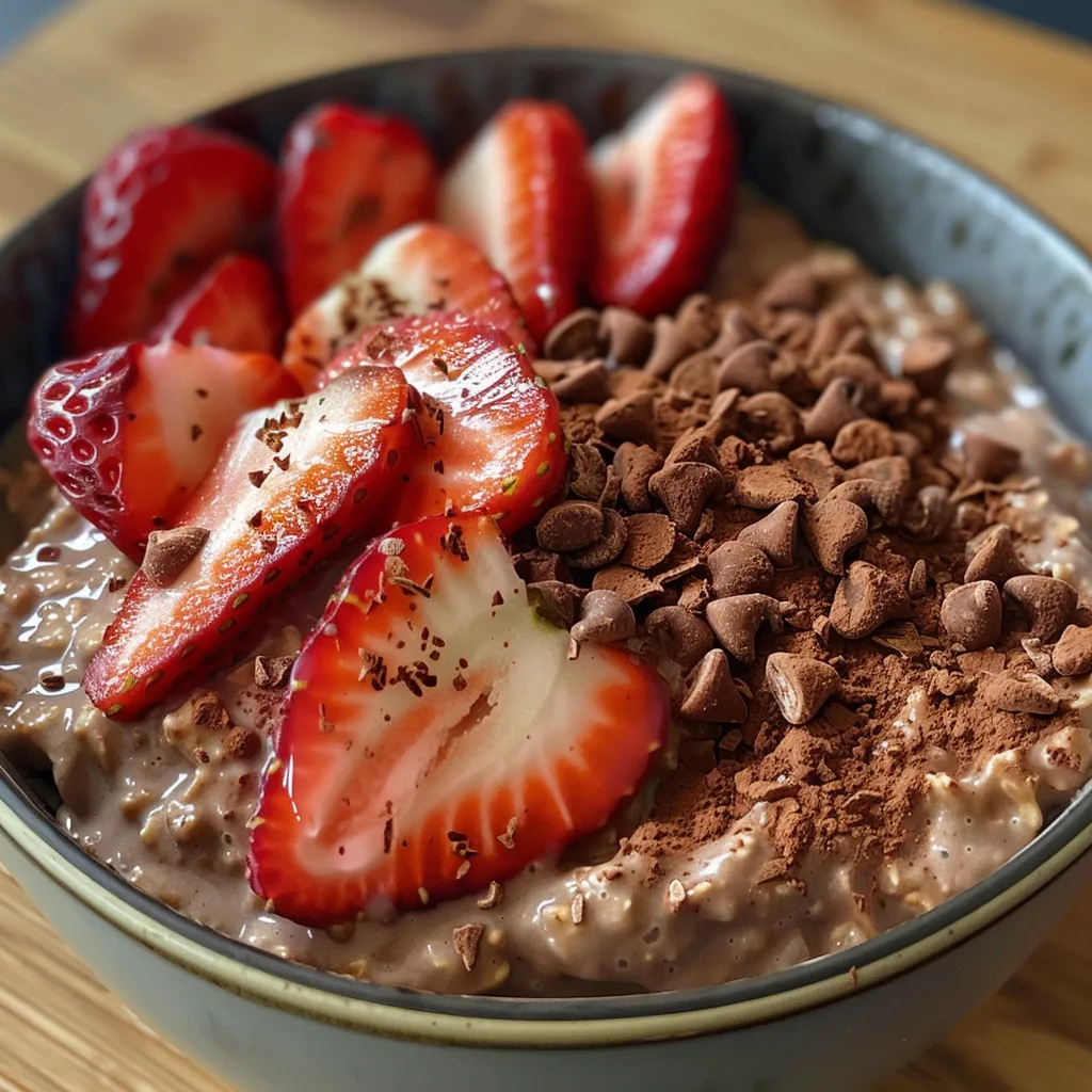 Indulgent chocolate strawberry overnight oats presented in an elegant dish, with a drizzle of honey.