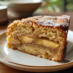 Close-up view of a moist Cinnamon Apple Cake, showcasing the apple chunks and cinnamon topping.