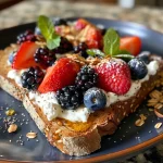 Textured shot of Cottage Cheese Berry Toast adorned with vibrant fruits and a drizzle of nut butter.