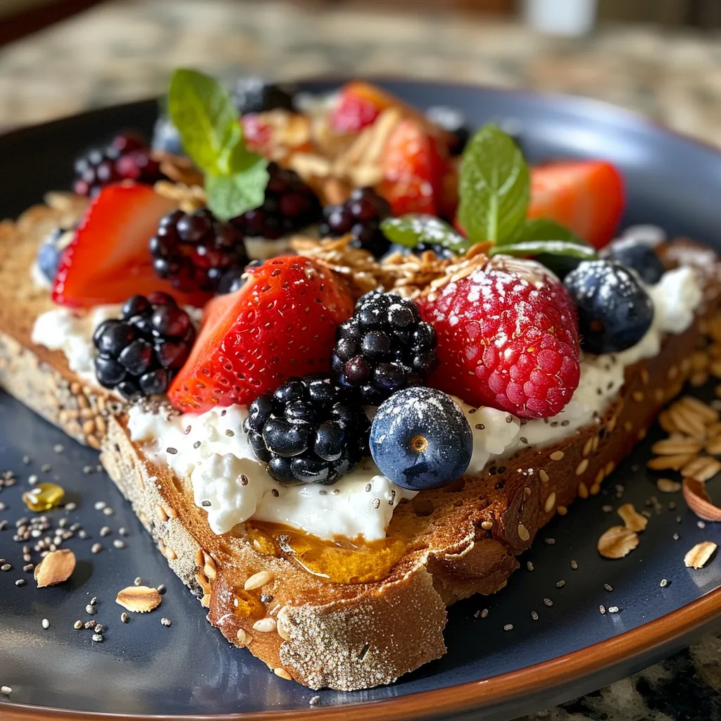 Textured shot of Cottage Cheese Berry Toast adorned with vibrant fruits and a drizzle of nut butter.