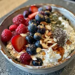 Cottage cheese bowl adorned with colorful mixed berries and various seeds.