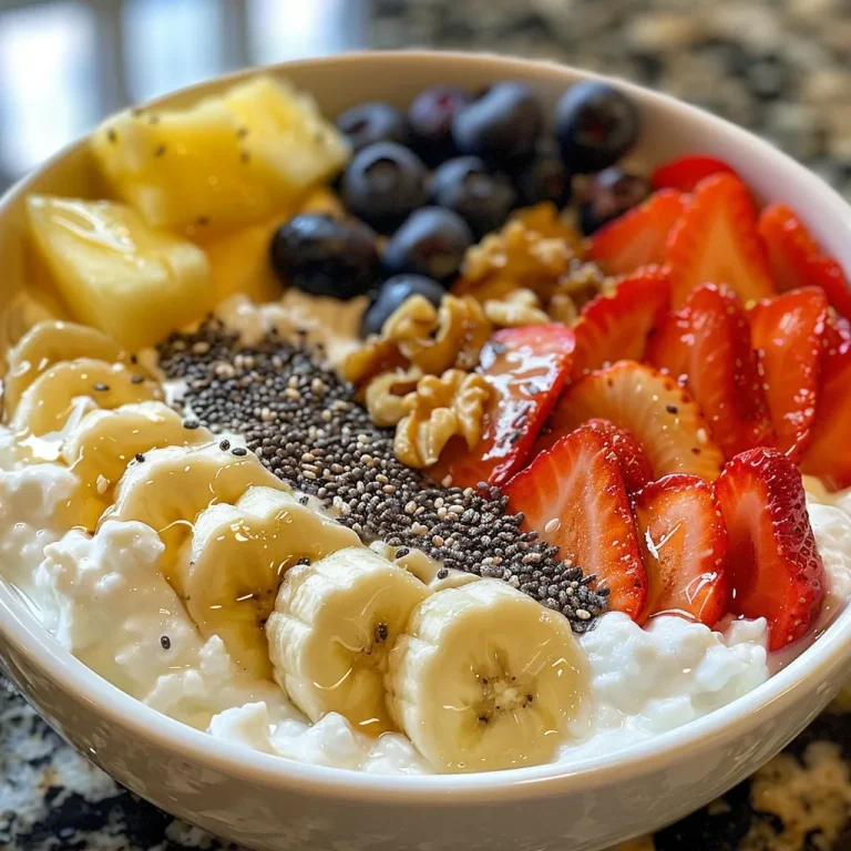 Cottage cheese mixed with various fruits including blueberries and garnished with mint leaves, viewed from the side.