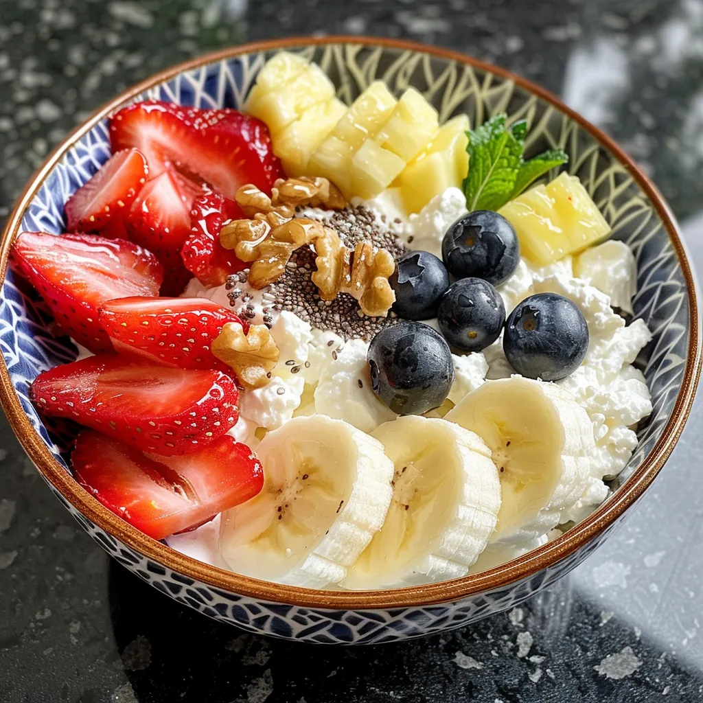Delicious bowl of cottage cheese adorned with sliced strawberries and walnuts, captured in a close-up shot.